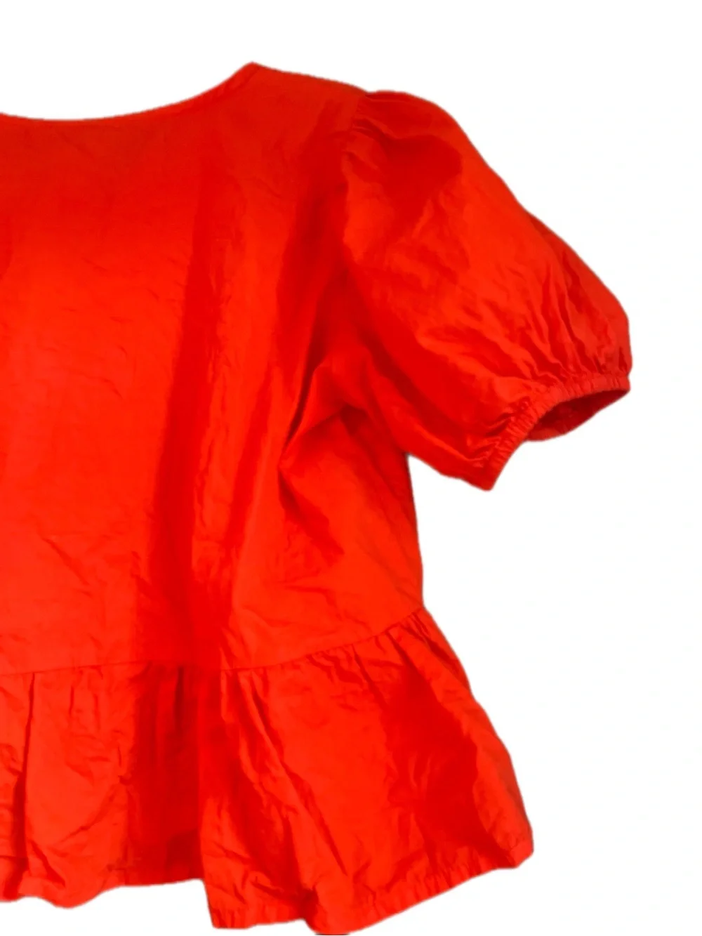 Puff Sleeve Vibrant Red Orange Cotton Blouse with Tie Closure Size L Boho Summer - Picture 7 of 12
